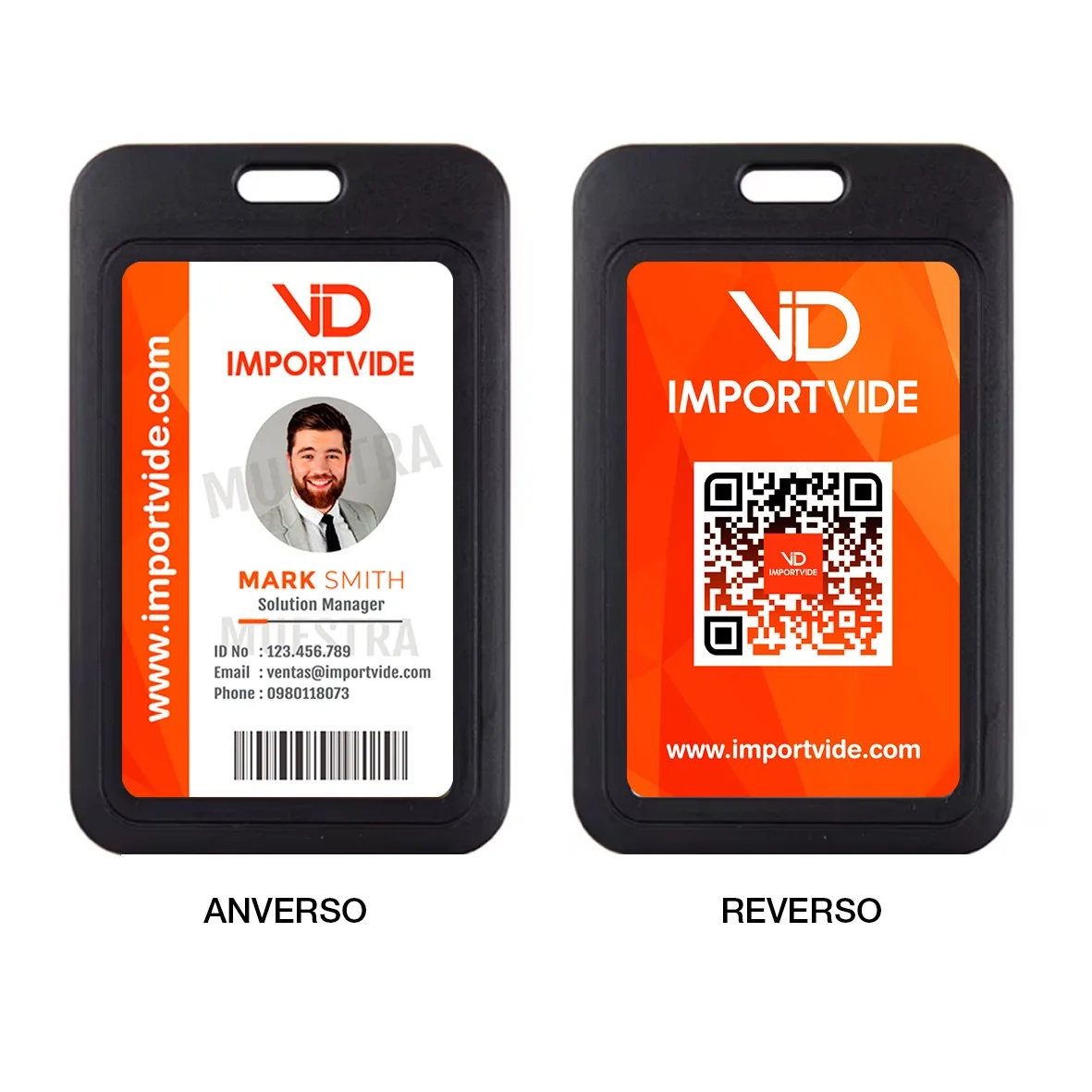 Portacredencial deslizable negro corporativo, anverso y reverso